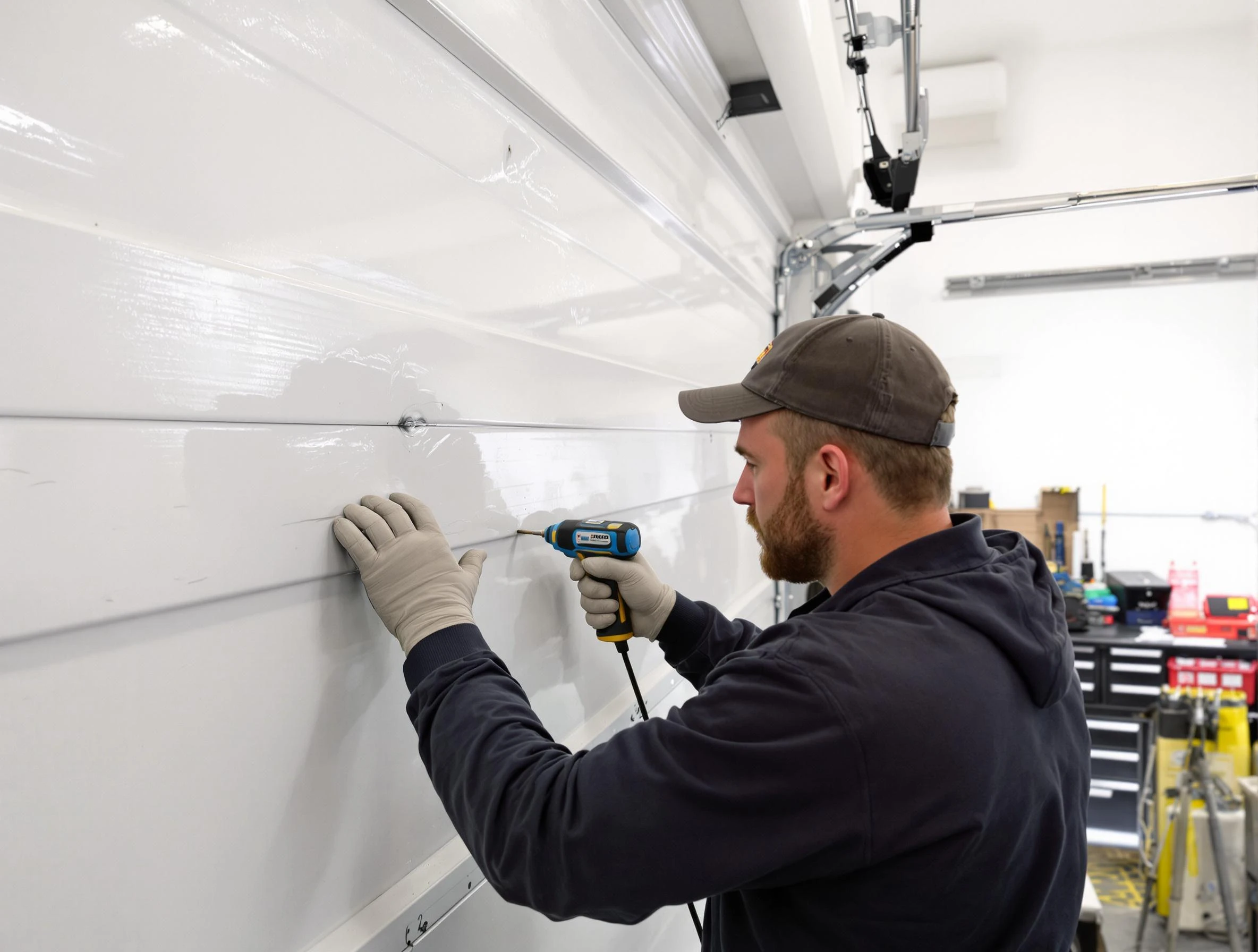 Helena Garage Door Repair technician demonstrating precision dent removal techniques on a Helena garage door